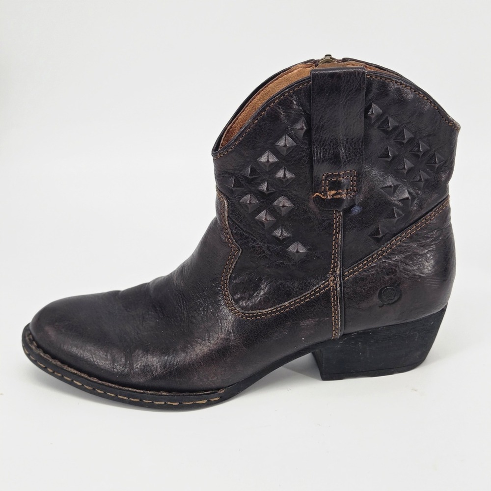 Born Black Studded Leather Western Ankle Boots Side Zip Moto Punk Goth Biker Y2K